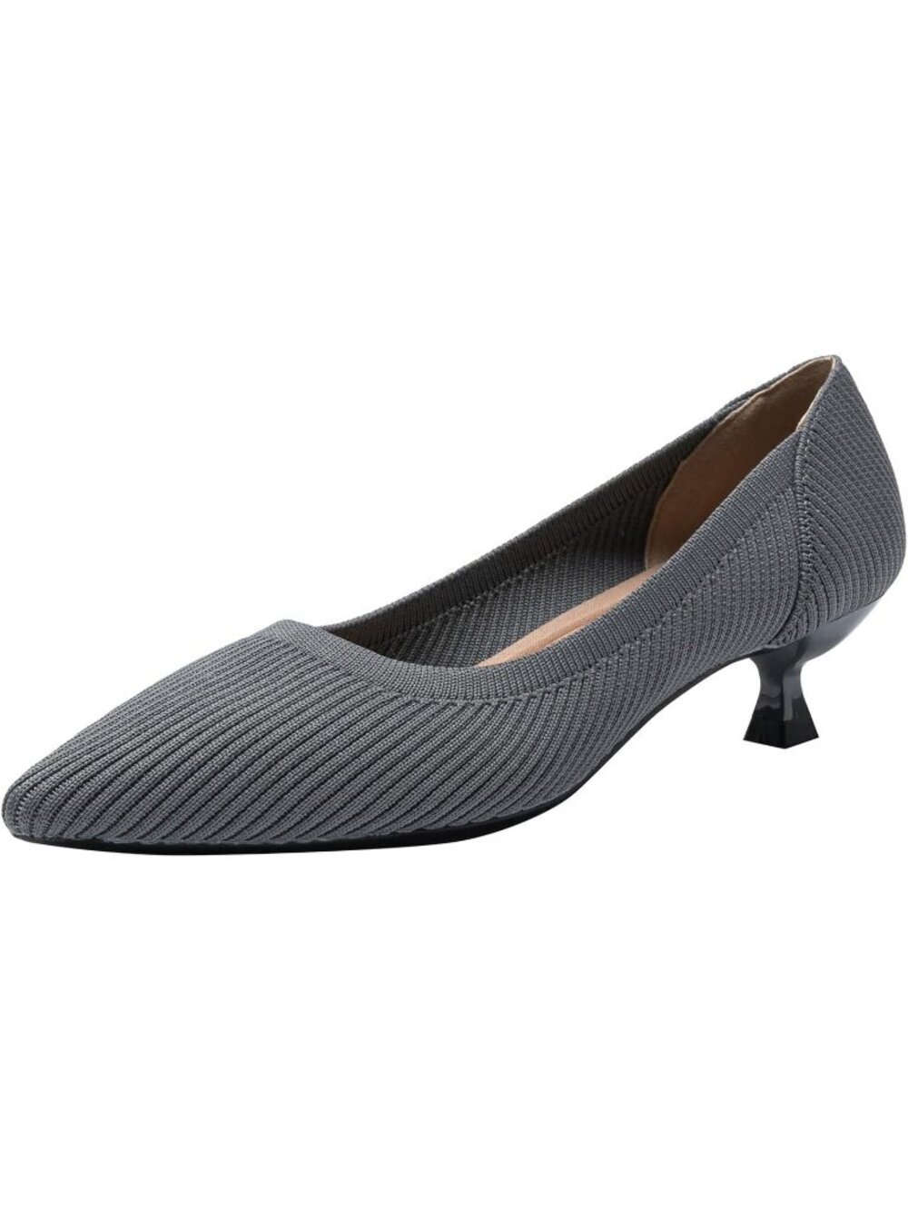 Women's Grey Pointed Toe Knit Slip On Comfortable Kitten Heels Pumps Shoes